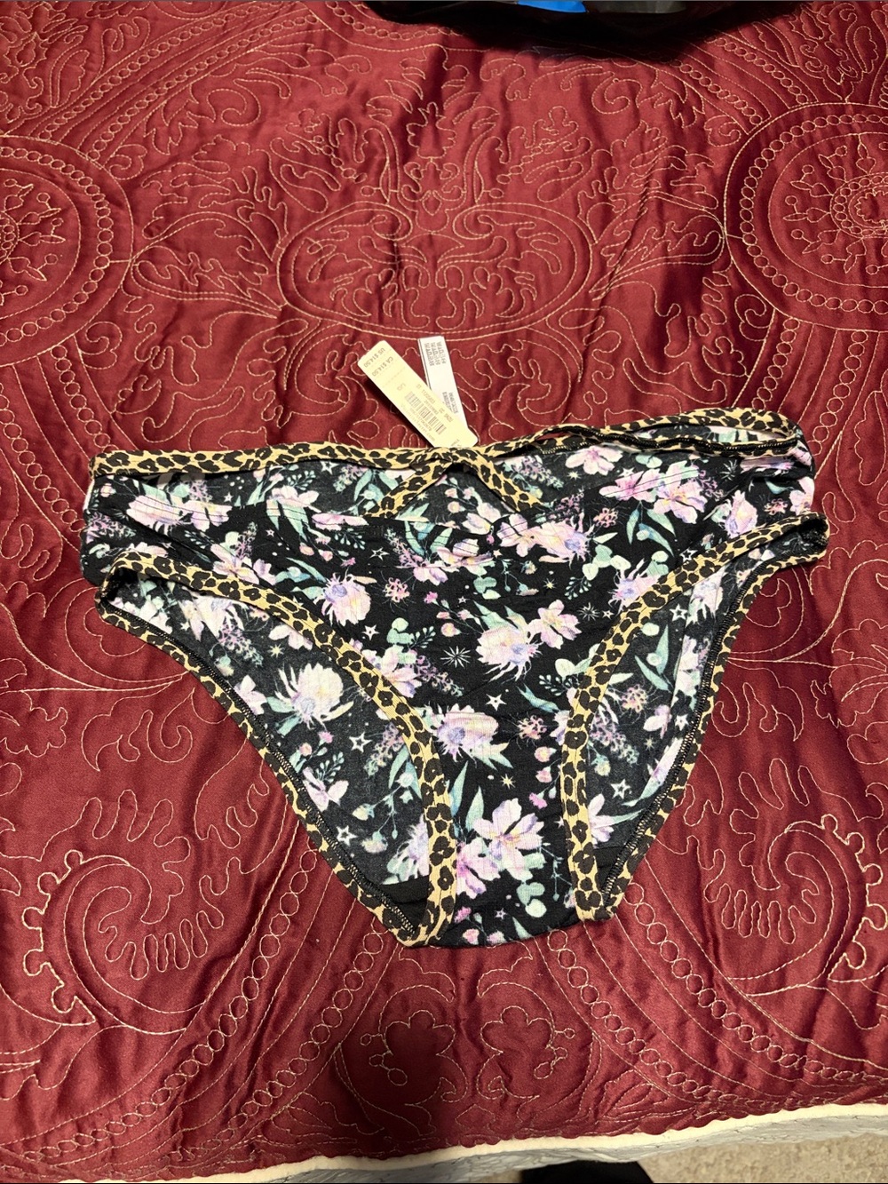 Victoria's Secret Black Floral Bikini Briefs with Leopard Trim